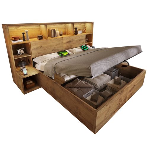 Lit Coffre Bois 180x200 Cm Avec LED,usb, Tables De Chevet Intégrées Et Rangement Tête De Lit ,chêne