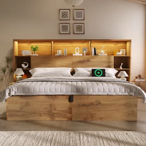 Lit Coffre Bois 180x200 Cm Avec LED,usb, Tables De Chevet Intégrées Et Rangement Tête De Lit ,chêne