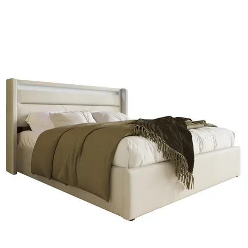 Lit Coffre 2 Personnes 140x200cm Avec Grand Rangement Hydraulique, Bande LED Pu Blanc