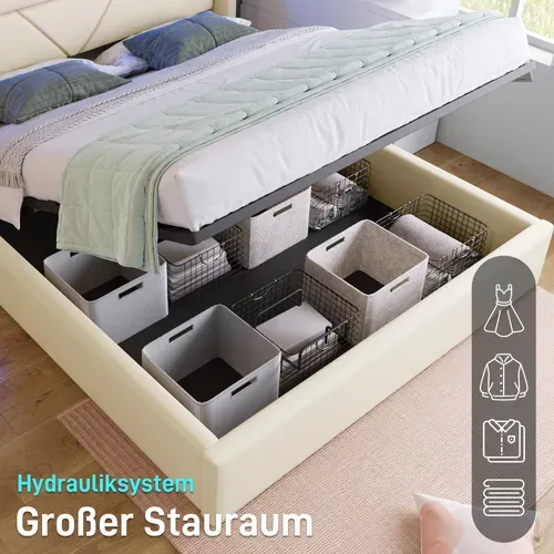 Lit Coffre 2 Personnes 140x200cm Avec Grand Rangement Hydraulique, Bande LED Pu Blanc