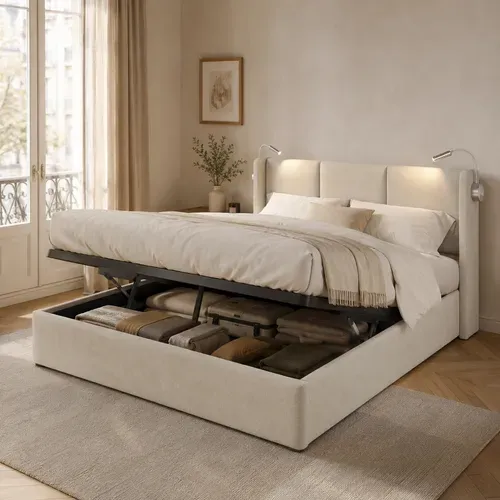 Lit Coffre 160x200 Cm Avec Liseuse USB - Lit Double Rembourré Avec Lampe De Lecture, Tissu Lin Beige