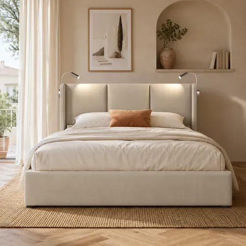 Lit Coffre 160x200 Cm Avec Liseuse USB - Lit Double Rembourré Avec Lampe De Lecture, Tissu Lin Beige
