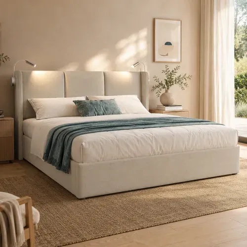 Lit Coffre 160x200 Cm Avec Liseuse USB - Lit Double Rembourré Avec Lampe De Lecture, Tissu Lin Beige
