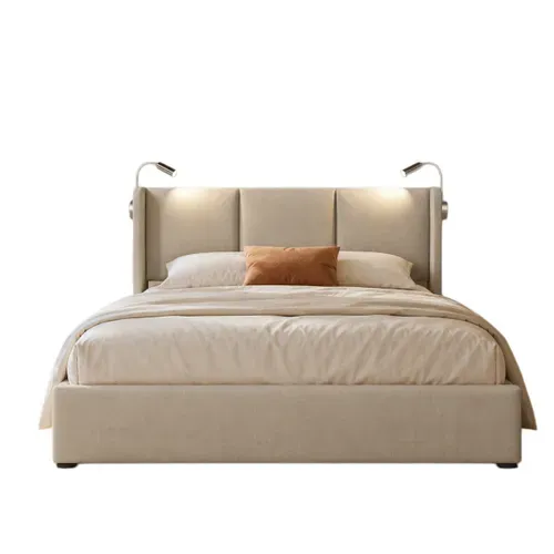 Lit Coffre 160x200 Cm Avec Liseuse USB - Lit Double Rembourré Avec Lampe De Lecture, Tissu Lin Beige