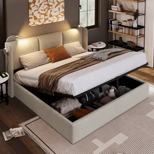 Lit Coffre 160x200 Cm Avec Liseuse USB - Lit Double Rembourré Avec Lampe De Lecture, Tissu Lin Beige