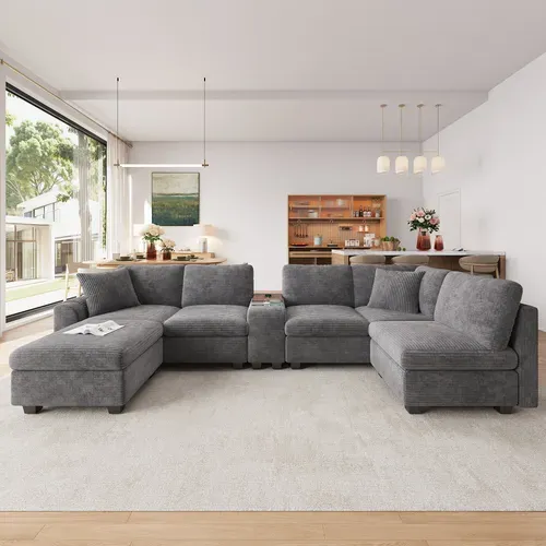 Canapé D'angle Modulable 6 Places 311x139 Cm Avec Pouf Coffre Et Console Mobile,velours Côtelé Gris