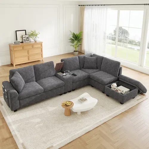 Canapé D'angle Modulable 6 Places 311x139 Cm Avec Pouf Coffre Et Console Mobile,velours Côtelé Gris