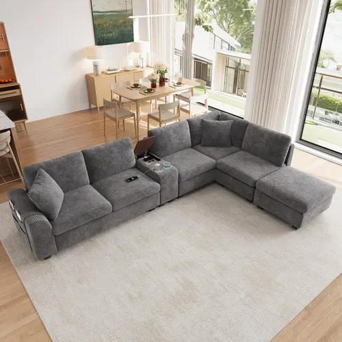 Canapé D'angle Modulable 6 Places 311x139 Cm Avec Pouf Coffre Et Console Mobile,velours Côtelé Gris