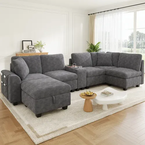 Canapé D'angle Modulable 6 Places 311x139 Cm Avec Pouf Coffre Et Console Mobile,velours Côtelé Gris