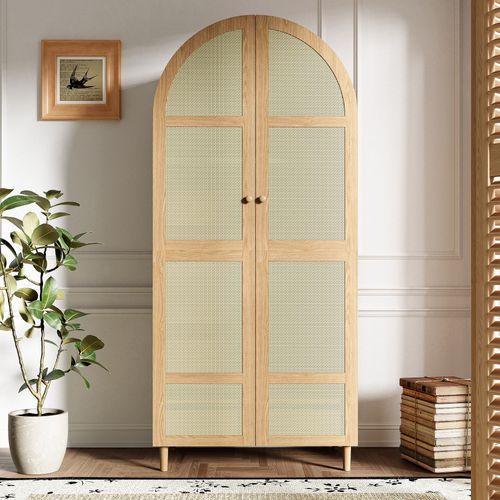 Armoire Penderie 80x50x179 Cm Avec Portes Effet Cannage, Tringle, étagères Et Tiroirs