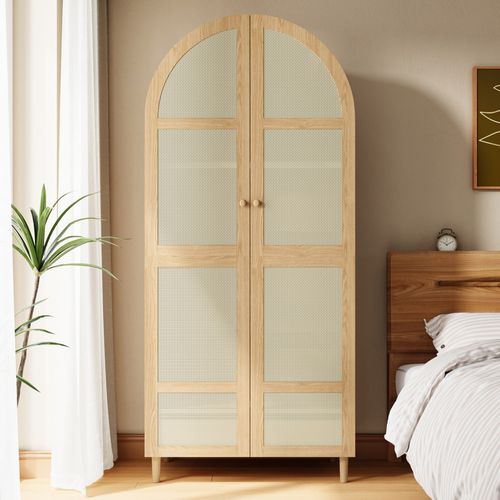Armoire Penderie 80x50x179 Cm Avec Portes Effet Cannage, Tringle, étagères Et Tiroirs