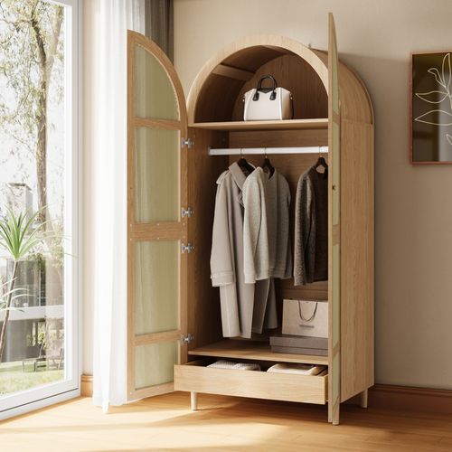 Armoire Penderie 80x50x179 Cm Avec Portes Effet Cannage, Tringle, étagères Et Tiroirs