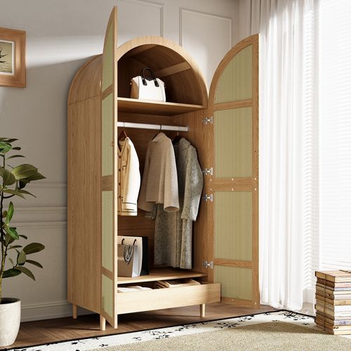 Armoire Penderie 80x50x179 Cm Avec Portes Effet Cannage, Tringle, étagères Et Tiroirs