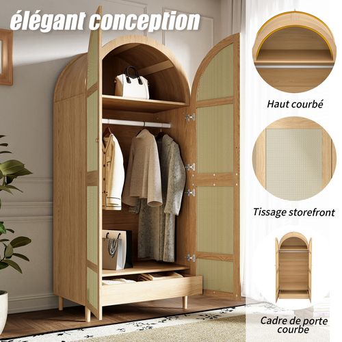 Armoire Penderie 80x50x179 Cm Avec Portes Effet Cannage, Tringle, étagères Et Tiroirs