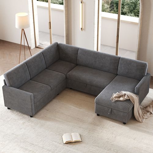Canapé Panoramique Convertible 5 Places 274x220cm Avec Couchage 254x120 Cm Et Méridienne Coffre,gris