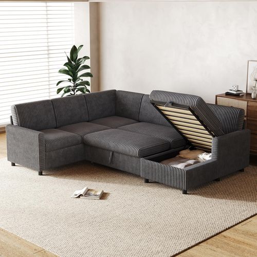 Canapé Panoramique Convertible 5 Places 274x220cm Avec Couchage 254x120 Cm Et Méridienne Coffre,gris