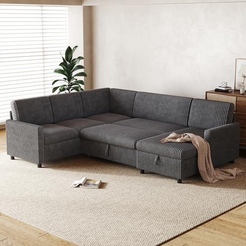 Canapé Panoramique Convertible 5 Places 274x220cm Avec Couchage 254x120 Cm Et Méridienne Coffre,gris
