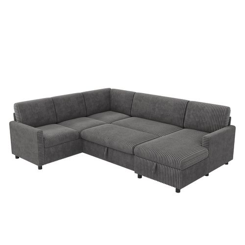 Canapé Panoramique Convertible 5 Places 274x220cm Avec Couchage 254x120 Cm Et Méridienne Coffre,gris