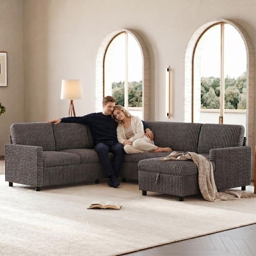 Canapé Panoramique Convertible 5 Places 274x220cm Avec Couchage 254x120 Cm Et Méridienne Coffre,gris