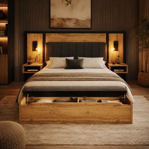 Lit Double 180 X 200 Cm, Rangements, Chevets Intégrés, Banc Coffre, LED, USB-c, Effet Chêne
