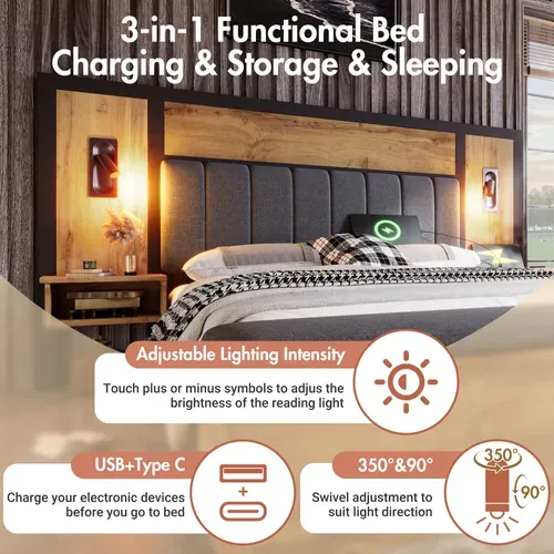 Lit Double 180 X 200 Cm, Rangements, Chevets Intégrés, Banc Coffre, LED, USB-c, Effet Chêne