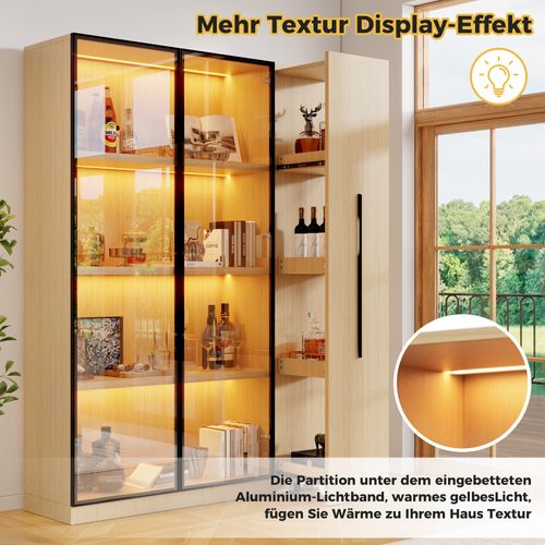 Vitrine Bibliothèque Armoire LED 110x35x160 Cm, Porte Vitrée, Meuble Roulant, Mdf Chêne