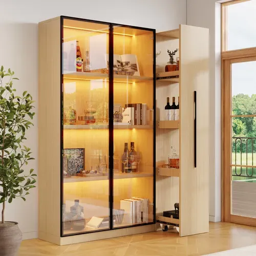 Vitrine Bibliothèque Armoire LED 110x35x160 Cm, Porte Vitrée, Meuble Roulant, Mdf Chêne