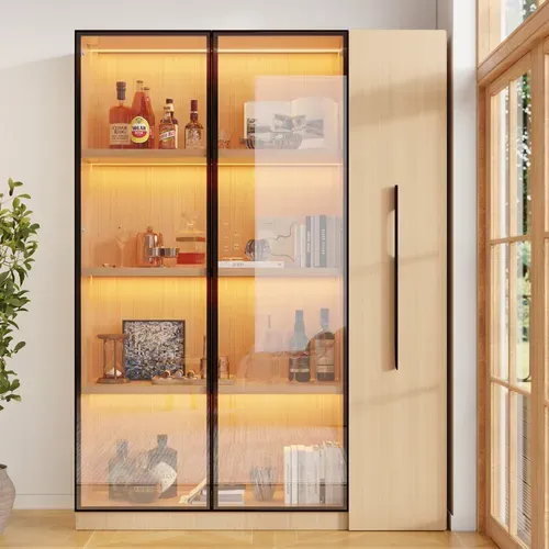 Vitrine Bibliothèque Armoire LED 110x35x160 Cm, Porte Vitrée, Meuble Roulant, Mdf Chêne