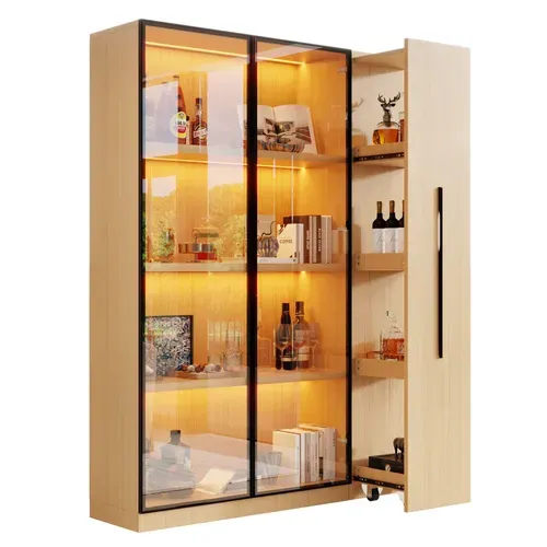 Vitrine Bibliothèque Armoire LED 110x35x160 Cm, Porte Vitrée, Meuble Roulant, Mdf Chêne