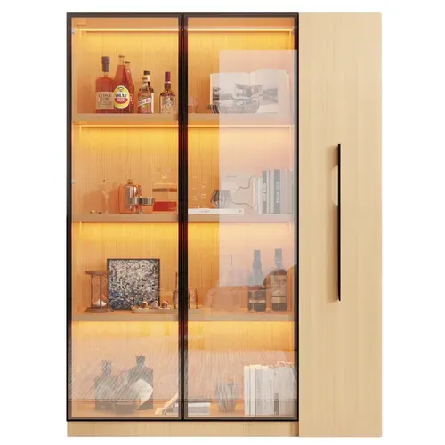Vitrine Bibliothèque Armoire LED 110x35x160 Cm, Porte Vitrée, Meuble Roulant, Mdf Chêne