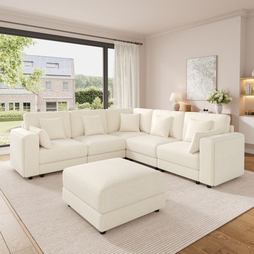 Canapé D’angle Fixe 6 Places 215x215 Cm Avec Pouf, USB-c, 7 Coussins, Porte-gobelets, Chenille Beige