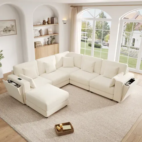 Canapé D’angle Fixe 6 Places 215x215 Cm Avec Pouf, USB-c, 7 Coussins, Porte-gobelets, Chenille Beige