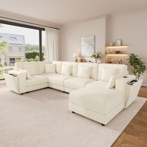 Canapé D’angle Fixe 6 Places 215x215 Cm Avec Pouf, USB-c, 7 Coussins, Porte-gobelets, Chenille Beige