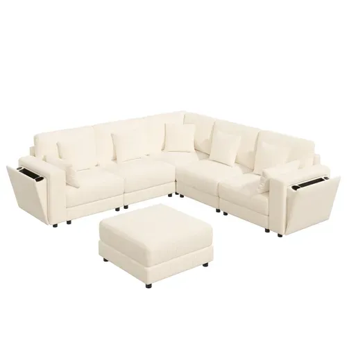 Canapé D’angle Fixe 6 Places 215x215 Cm Avec Pouf, USB-c, 7 Coussins, Porte-gobelets, Chenille Beige