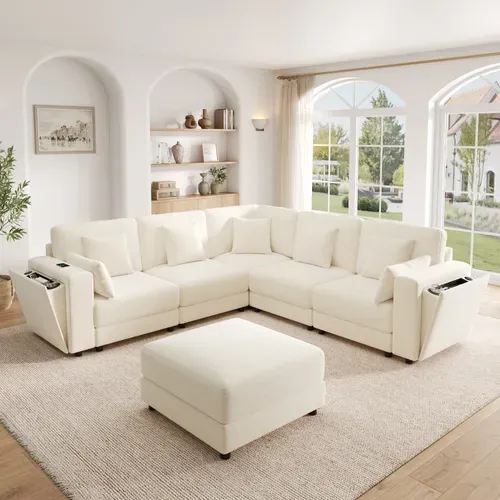 Canapé D’angle Fixe 6 Places 215x215 Cm Avec Pouf, USB-c, 7 Coussins, Porte-gobelets, Chenille Beige