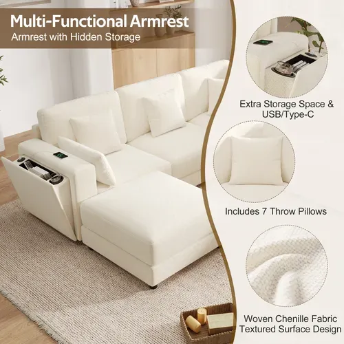 Canapé D’angle Fixe 6 Places 215x215 Cm Avec Pouf, USB-c, 7 Coussins, Porte-gobelets, Chenille Beige