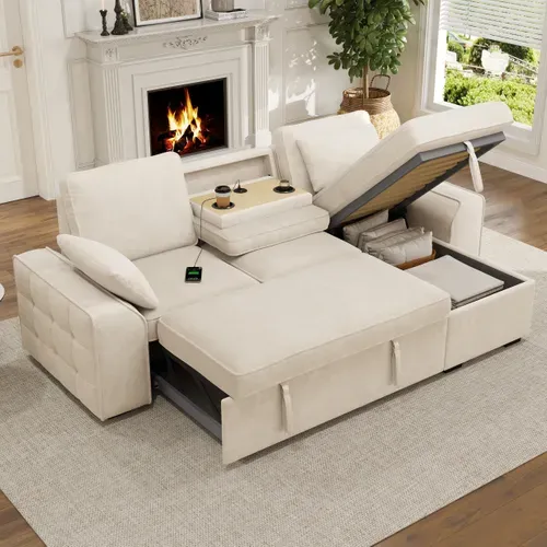Canapé D'angle Convertible 3 Places 212x150x86 Cm, Coffre, Couchage Coulissant, USB, Beige