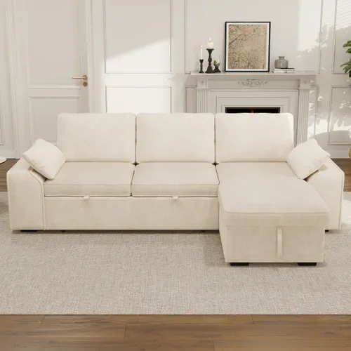 Canapé D'angle Convertible 3 Places 212x150x86 Cm, Coffre, Couchage Coulissant, USB, Beige