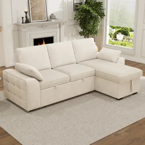 Canapé D'angle Convertible 3 Places 212x150x86 Cm, Coffre, Couchage Coulissant, USB, Beige