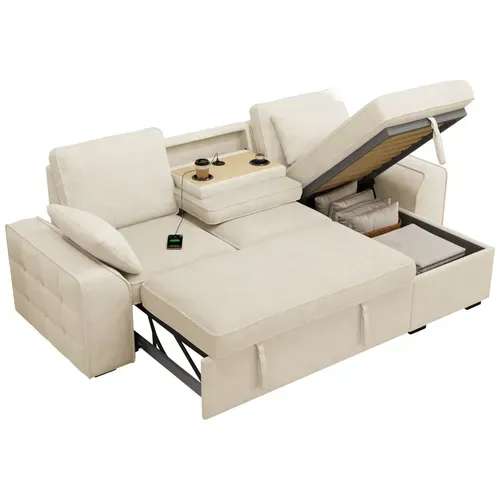 Canapé D'angle Convertible 3 Places 212x150x86 Cm, Coffre, Couchage Coulissant, USB, Beige