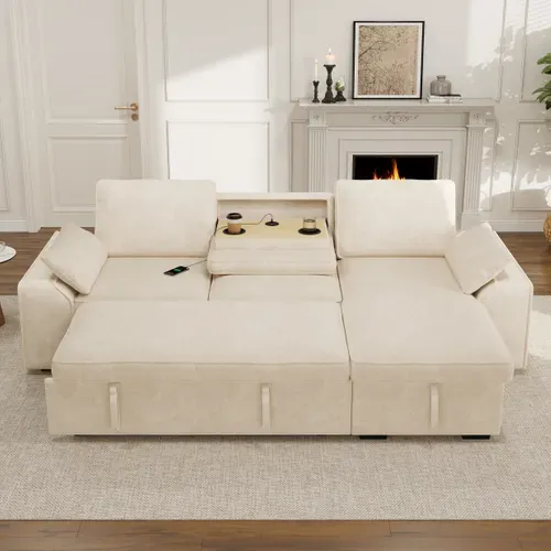 Canapé D'angle Convertible 3 Places 212x150x86 Cm, Coffre, Couchage Coulissant, USB, Beige