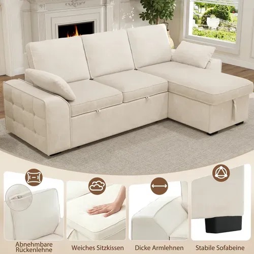 Canapé D'angle Convertible 3 Places 212x150x86 Cm, Coffre, Couchage Coulissant, USB, Beige