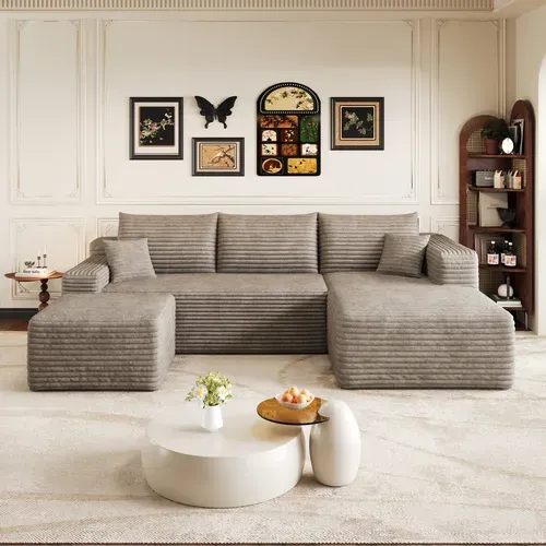 Canapé D'angle 241x151x58 Cm, Assise Profonde, Livré Monté, Velours Côtelé, Chameau