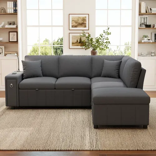 Canapé D’angle Convertible 5 Places Avec Pouf Coffre, Table Rabattable, Liseuse, USB-c, Lin Gris