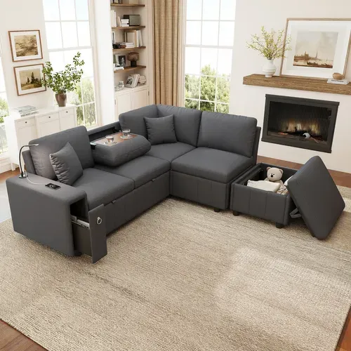 Canapé D’angle Convertible 5 Places Avec Pouf Coffre, Table Rabattable, Liseuse, USB-c, Lin Gris