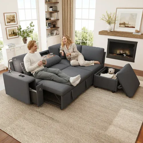 Canapé D’angle Convertible 5 Places Avec Pouf Coffre, Table Rabattable, Liseuse, USB-c, Lin Gris