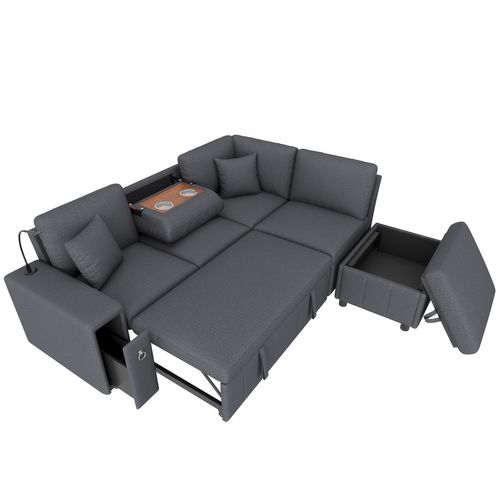 Canapé D’angle Convertible 5 Places Avec Pouf Coffre, Table Rabattable, Liseuse, USB-c, Lin Gris
