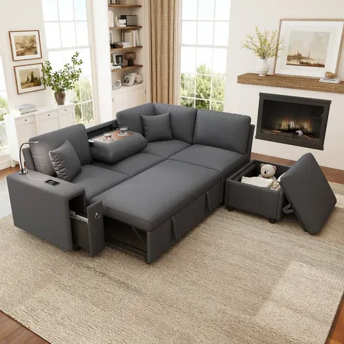 Canapé D’angle Convertible 5 Places Avec Pouf Coffre, Table Rabattable, Liseuse, USB-c, Lin Gris