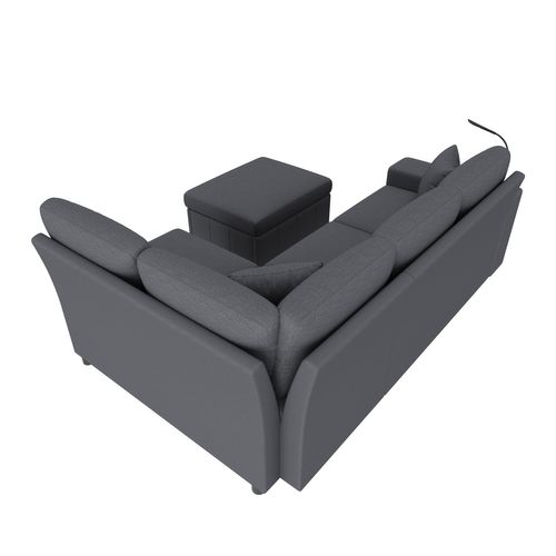 Canapé D’angle Convertible 5 Places Avec Pouf Coffre, Table Rabattable, Liseuse, USB-c, Lin Gris