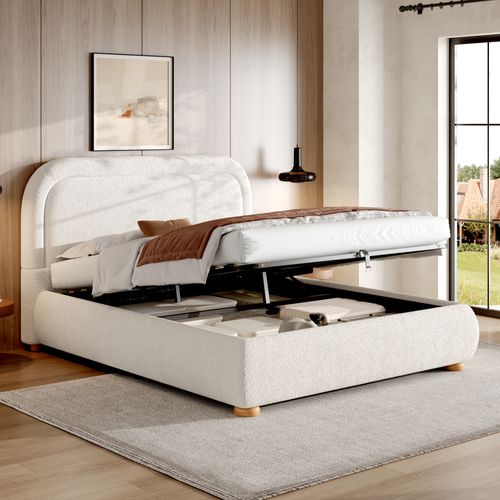 Lit Coffre 160x200 Cm Lit Rembourré Bouclé Blanc, Formes Arrondies, Housse Lavable